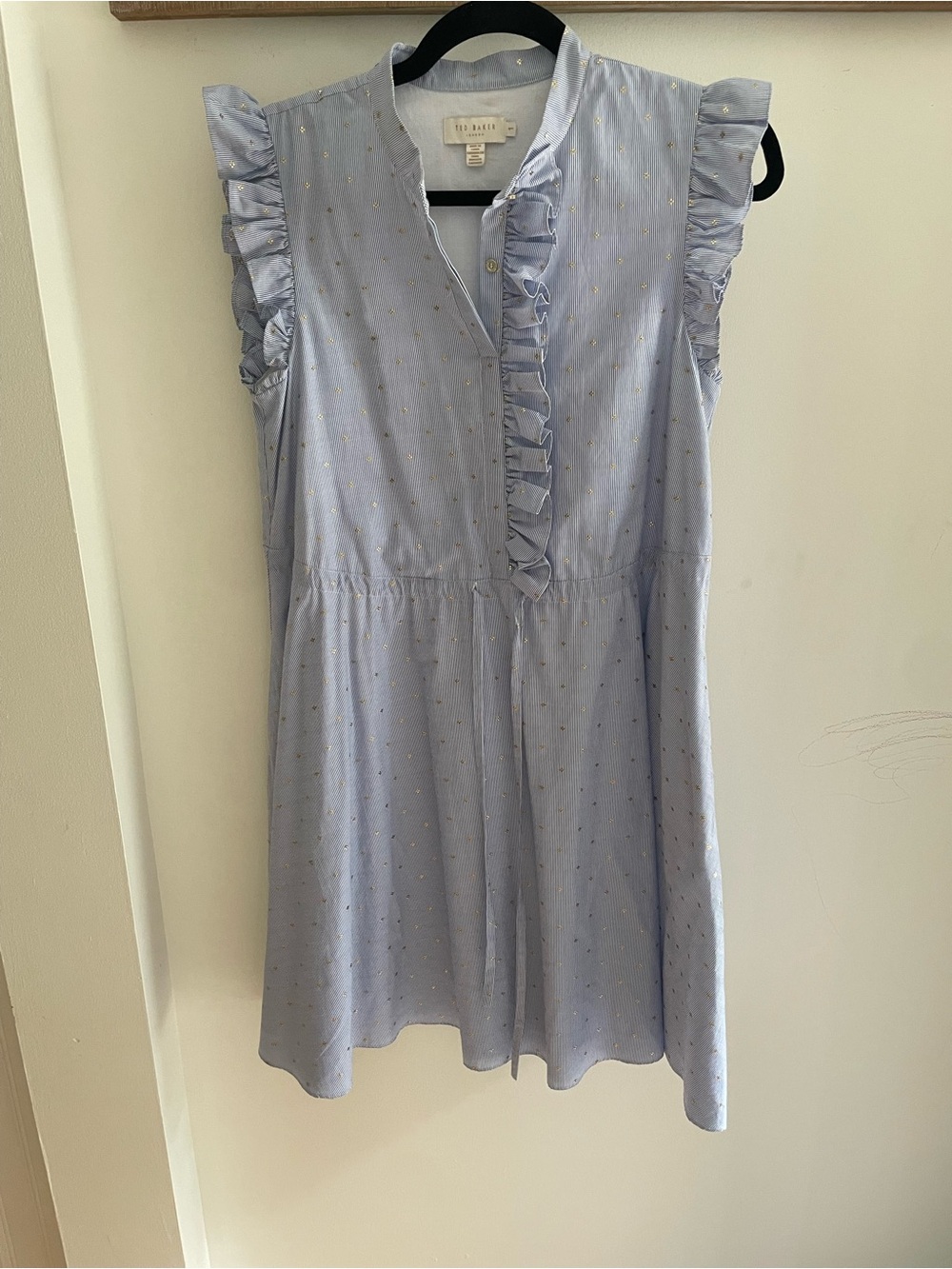 Ted Baker Pale Blue Ruffle Front Sleeveless Dress with Gold Dots
